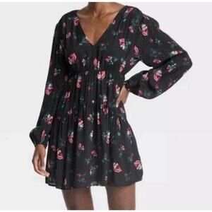 A New Day XS Long Sleeve Mini Dress Black Floral V Neck Women’s
